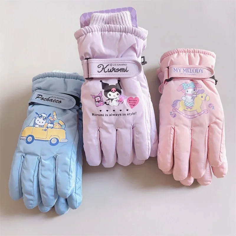 Kawaii Sanrio Cartoon Children Gloves Cute Kuromi Pochacco My Melody Autumn Winter Padded Warm Ski Gloves Girls Christmas Gifts