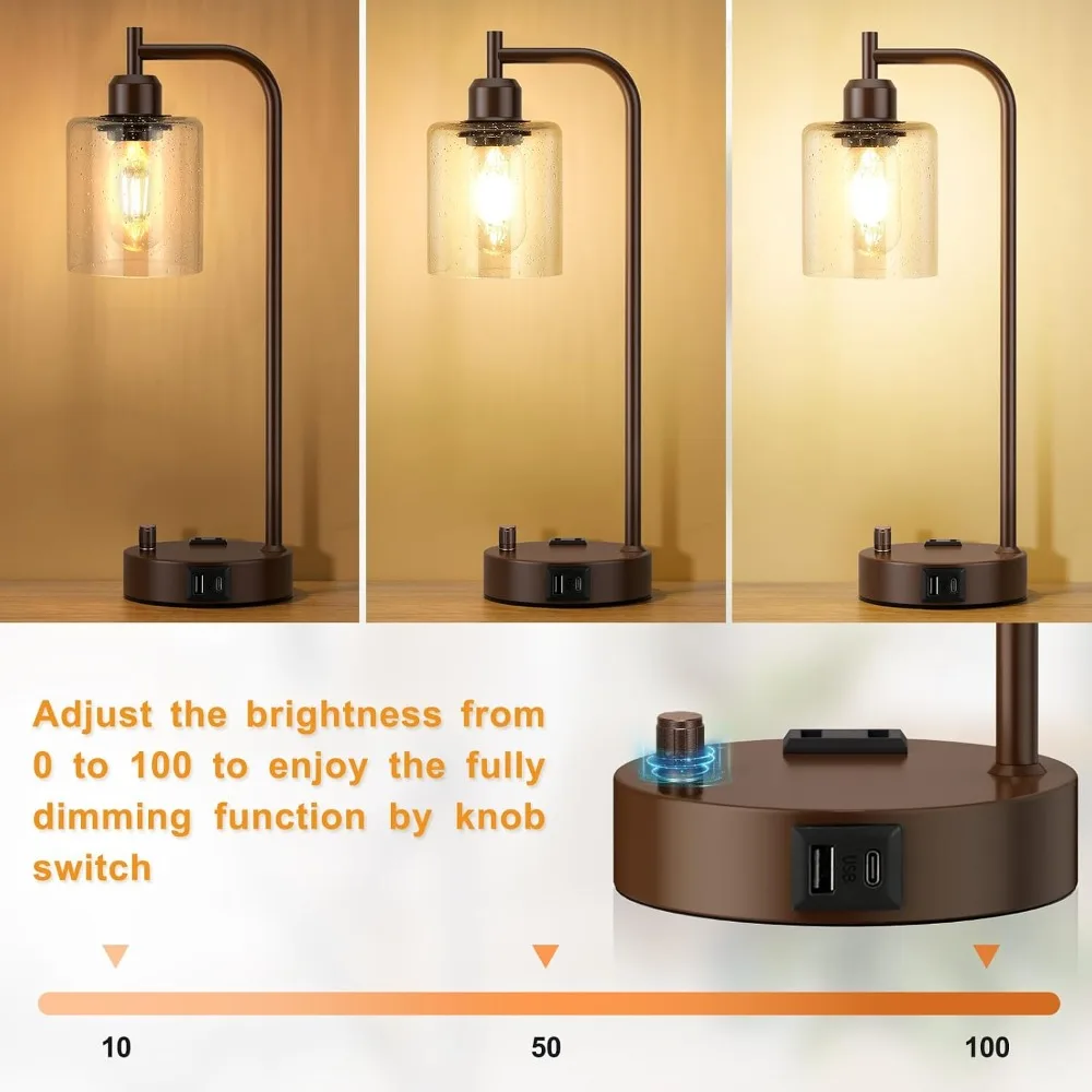 Industrial Table Lamps Set of 2 - Dimmable Bedside Lamps with USB & Outlet, Brown Nightstand Lights for Living Room, Office Reading view 2