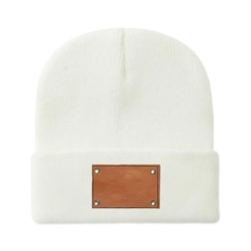 1pc Cuffed Knit Beanie Hat For Men Women Solid Color Leather Winter Skull Cap Customizable Plain Toque Hat for Daily Casual Wear