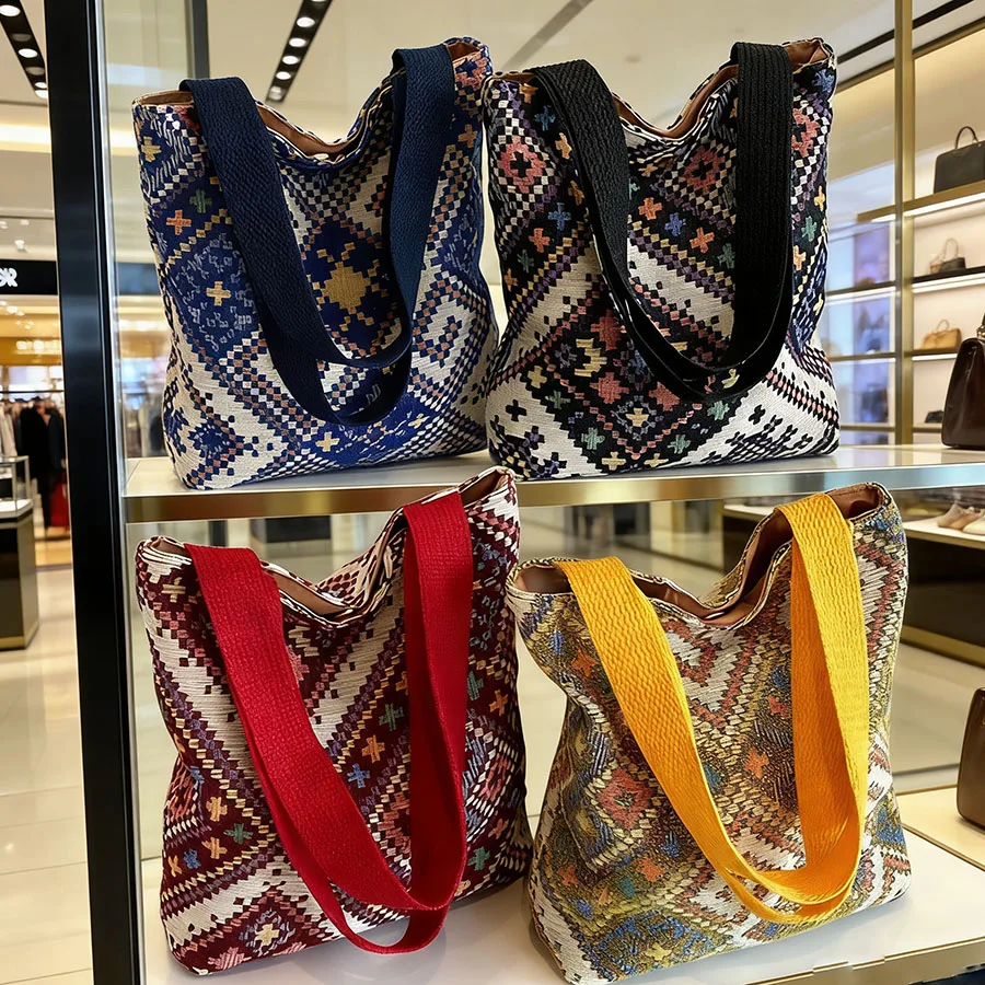 Hand-Held Bucket Canvas Bag, Environmentally Friendly And Reusable, Vintage Ethnic Style Shopping Bag, Fashionable Handbag, Fema