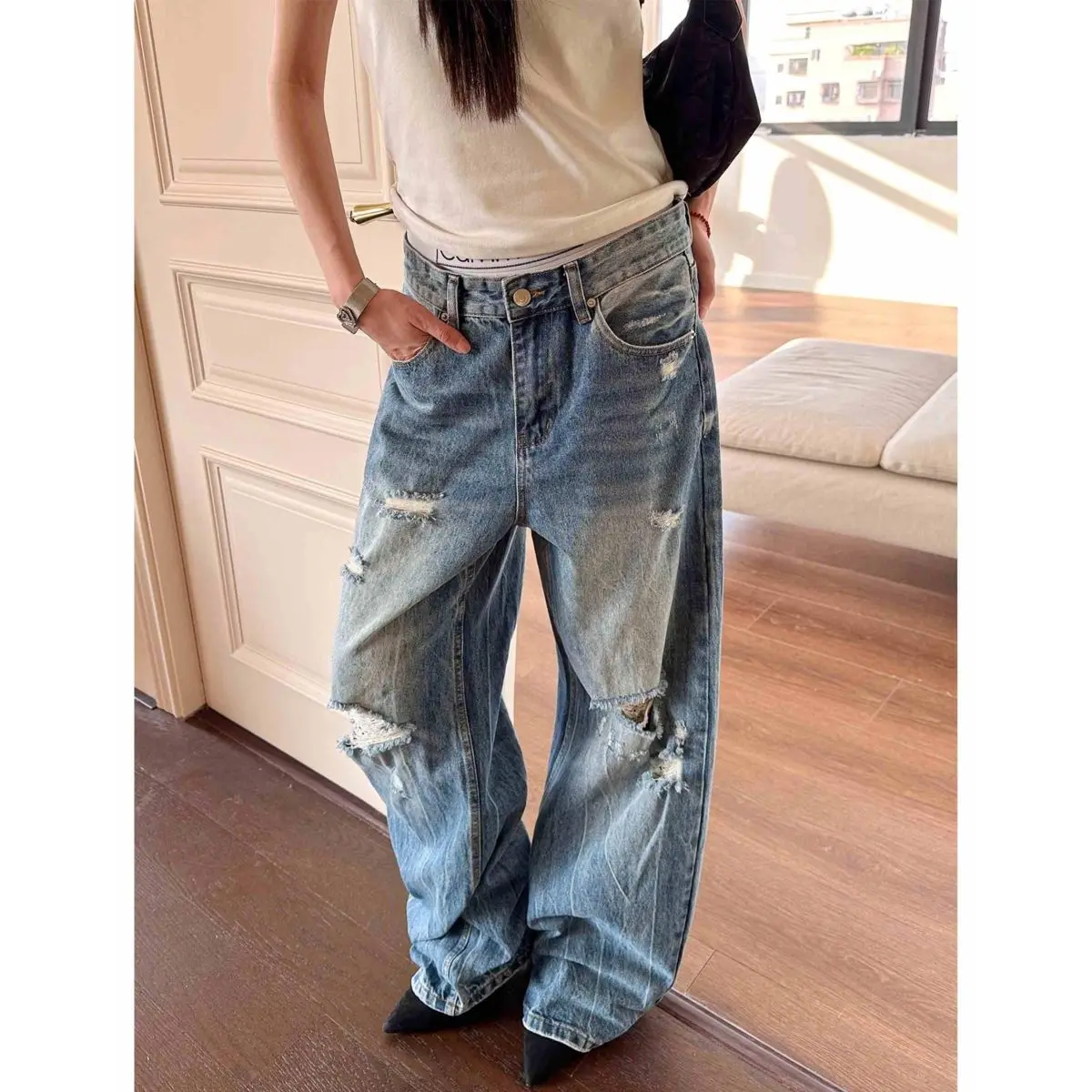 Women Multiple Holes High Waisted Blue Jeans Wide Leg Pants American Trousers Cool Girl Casual Bottoms Female Vintage Sweatpants
