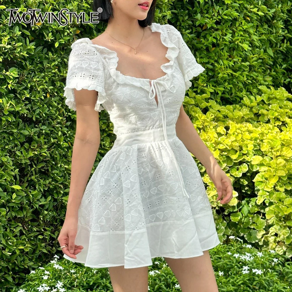 

TWOTWINSTYLE Solid Spliced Lace Up Slimming Dresses for Women Square Neck Short Sleeve High Waist Temperament Dress Female