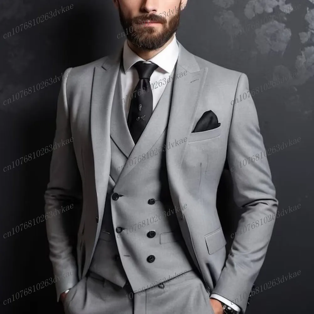 

New Grey Business Men Suit Groom Groomsman Prom Wedding Party Male Formal Occasion Tuxedos 3 Piece Set Blazer Vest Pants