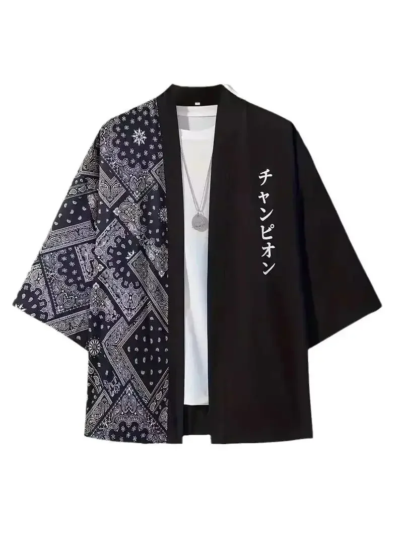 Men's Kimono Shirts Cardigans Japanese Letter Print Kimono Cardigan 3/4 Sleeves Haori Yukata Clothing Kimono Shirt Streetwear