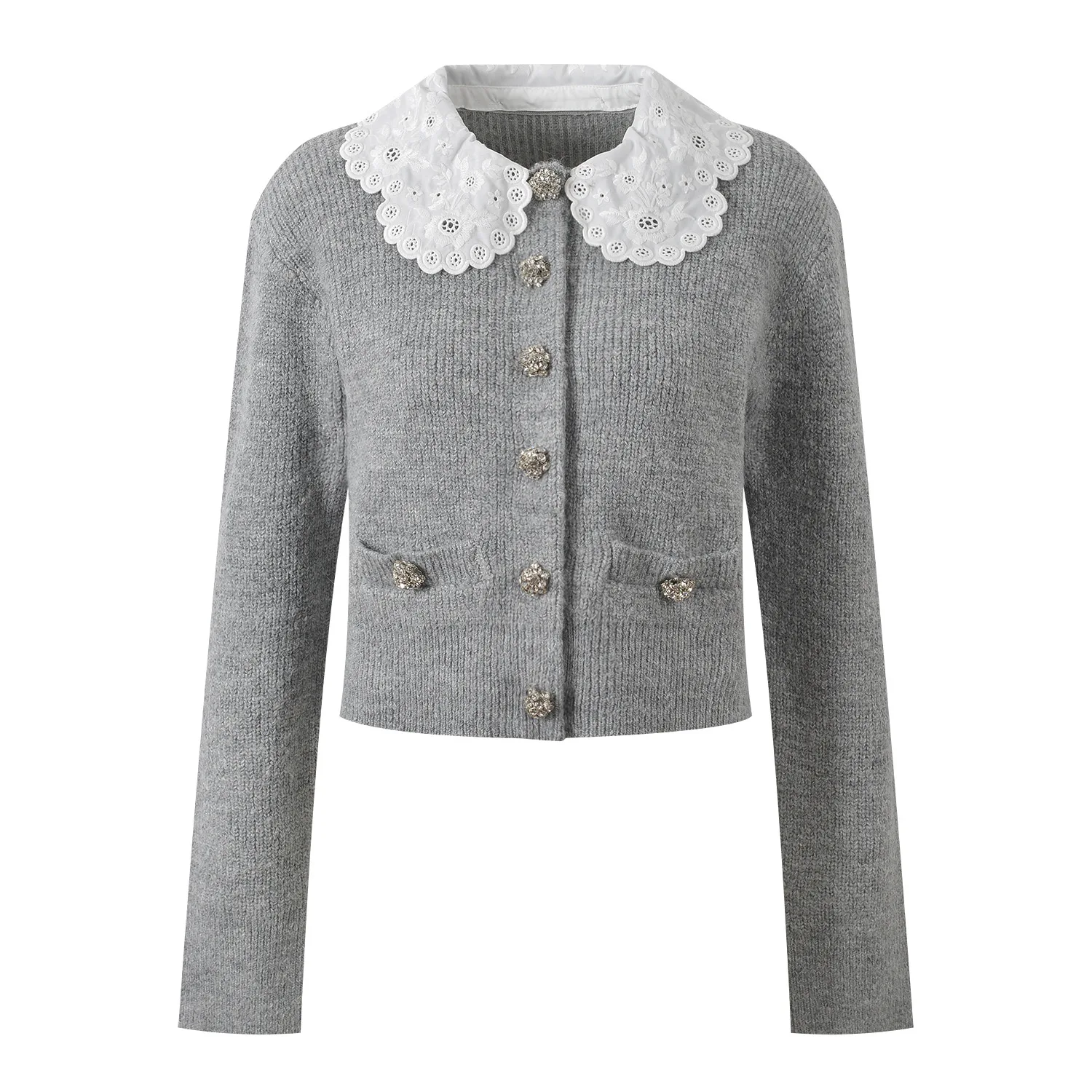 

2026 Spring Women's Gray Sweater with Diamond Buckles & Detachable Peter Pan Collar, Cardigan or A-Line Mini Skirt Set for Lady