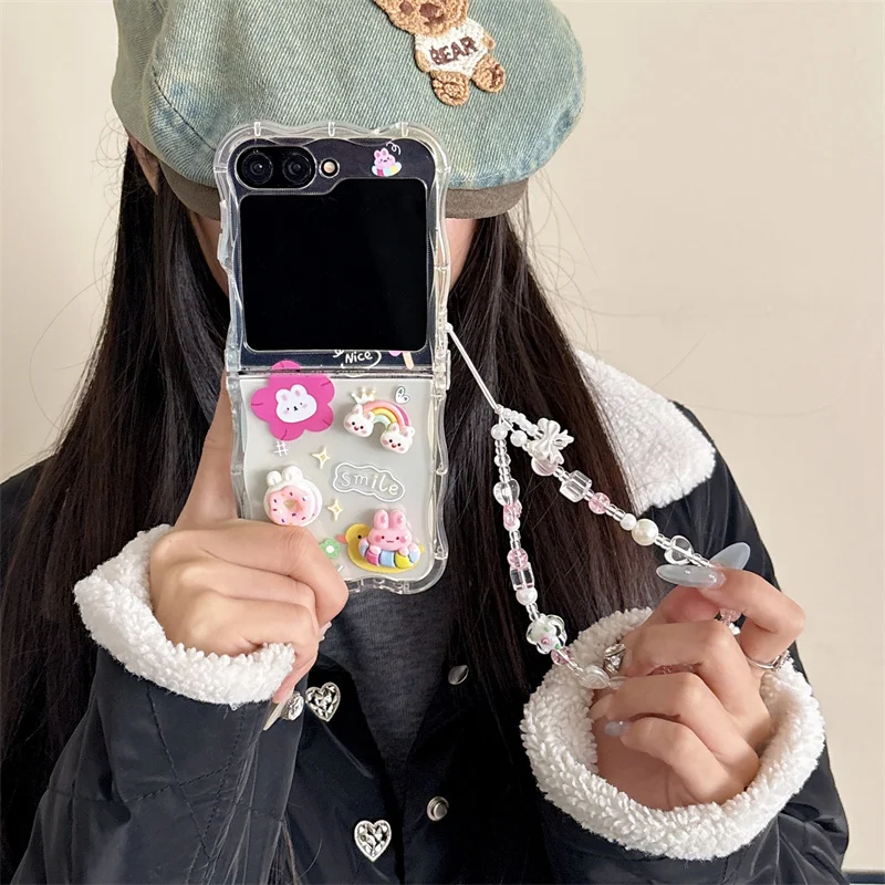 귀여운 만화 3D 무지개 토끼 삼성 Z Flip6 Z Flip5 6 갤럭시 5G zflip3 4 전화 케이스 쉘 도넛 체인 카와이 커버