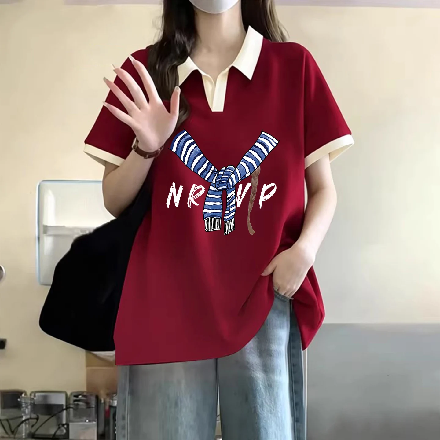 plus Size  Neck Short Sleeve T-Shirt Women's Cotton Pure American Retro Style Printed Casual Top for All Ages