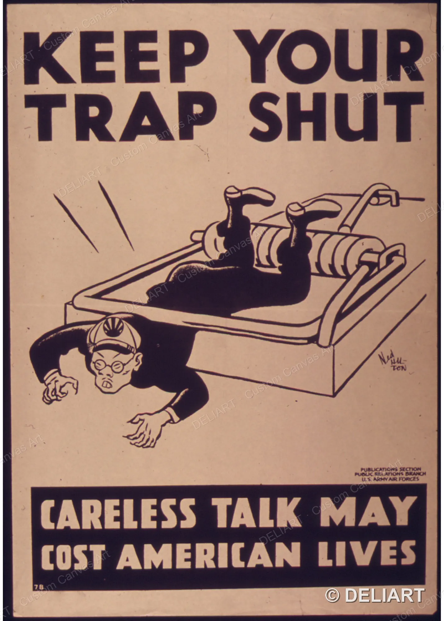 Keep your trap shut, careless talk may cost American lives Vintage WWII Propaganda Canvas Wall Art Poster Print Unframed