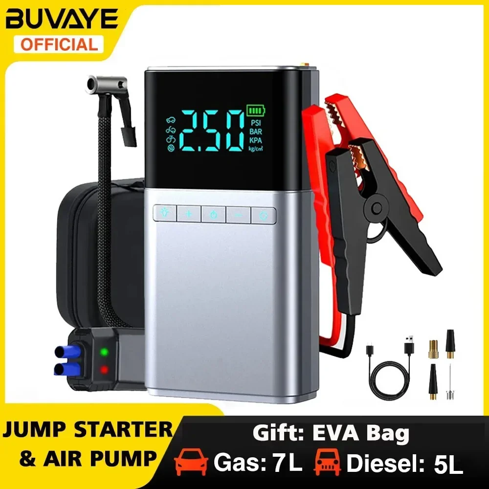 BUVAYE Car Jump Starter Air Pump 4 in 1 Air Compressor Outdoor Power Bank LED Lamp Battery Starter Tyre Inflator with Eva Bag