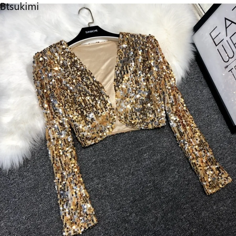 Women Streetwear Short Sequin Blazer Fashion Long Sleeve V-Neck Sparkling Glitter Jacket Jazz Dance Performance Party Outerwear