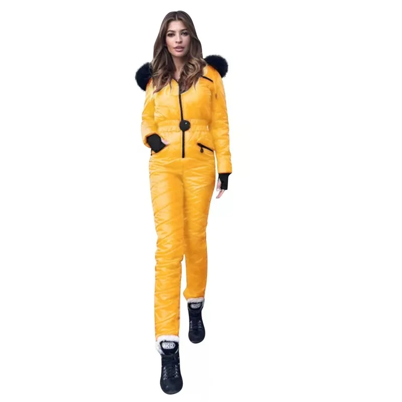 

Women's Hooded Jumpsuits Parka Cotton Padded Warm Sashes Ski Suit Straight Zipper One Piece Casual Tracksuits Fashion New Winter