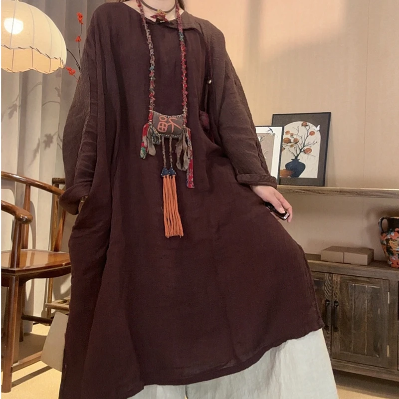 2026 New Arrival Spring/autumn Casual Loose O-neck Long Sleeve Split Design Tops Tees Cotton Linen Long Women's T-shirt Y179