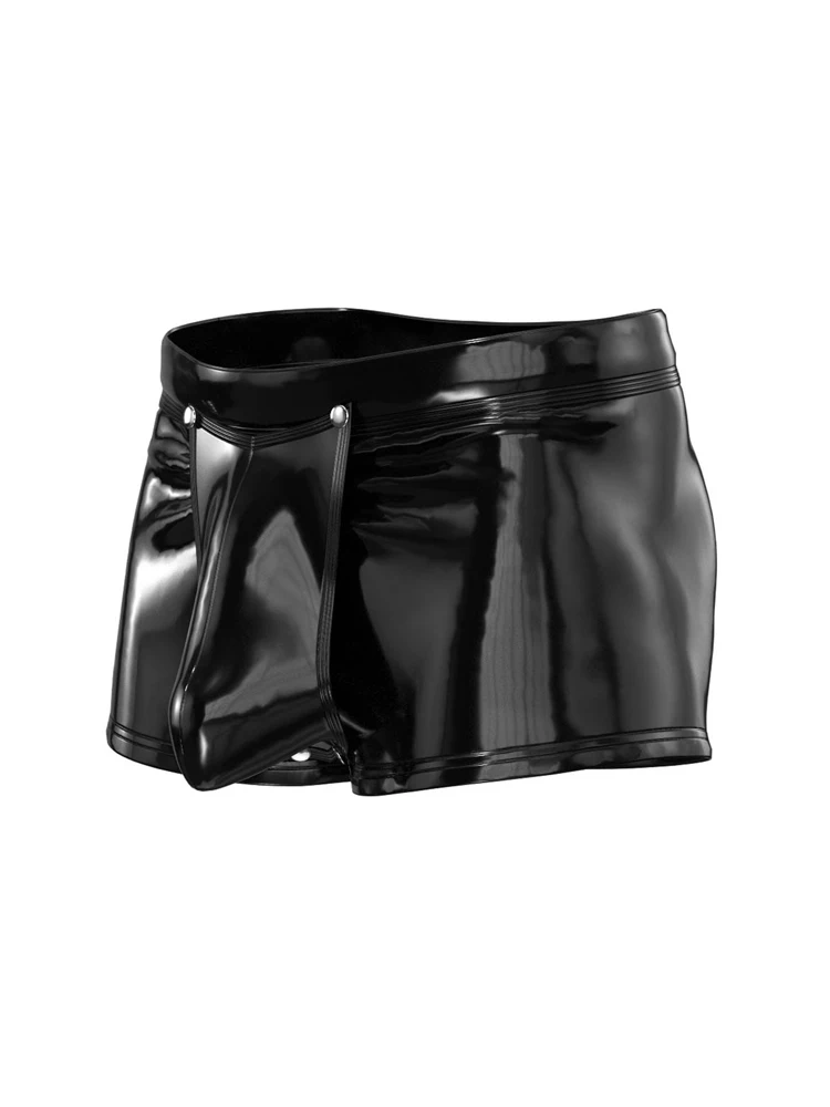 بولي كلوريد الفينيل الجلود الملاكم الرجال سراويل مثير زر مفتوح الجبهة المنشعب المثيرة الملابس الداخلية رجل كلوبوير الملابس الداخلية بولي Wetlook السراويل الساخنة #4