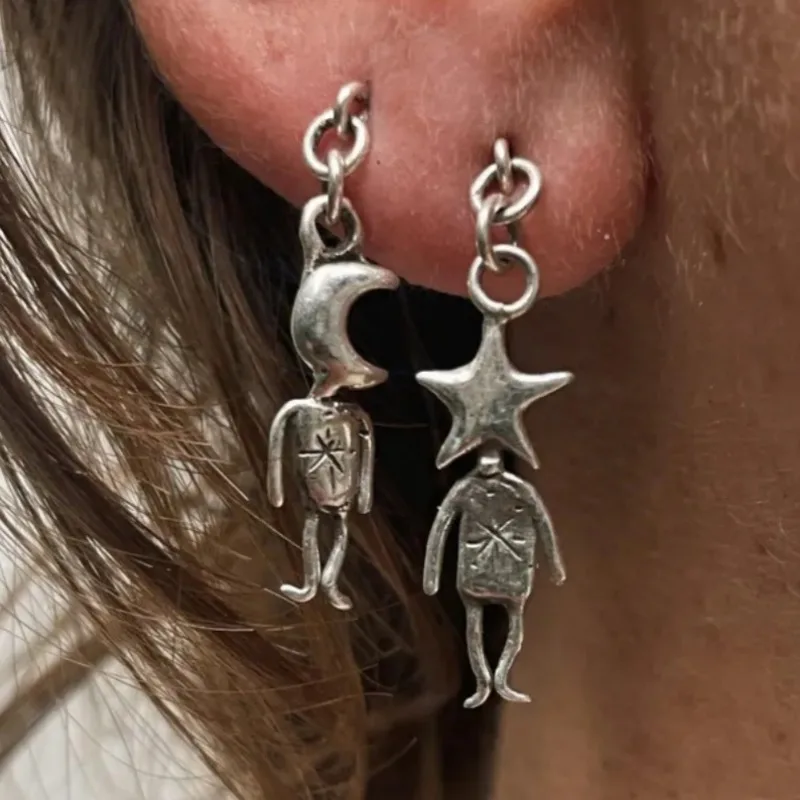 Vintage Silver Color Star Moon Dangle Women's Earrings Creativity Metal Hand Carving Daily Wear