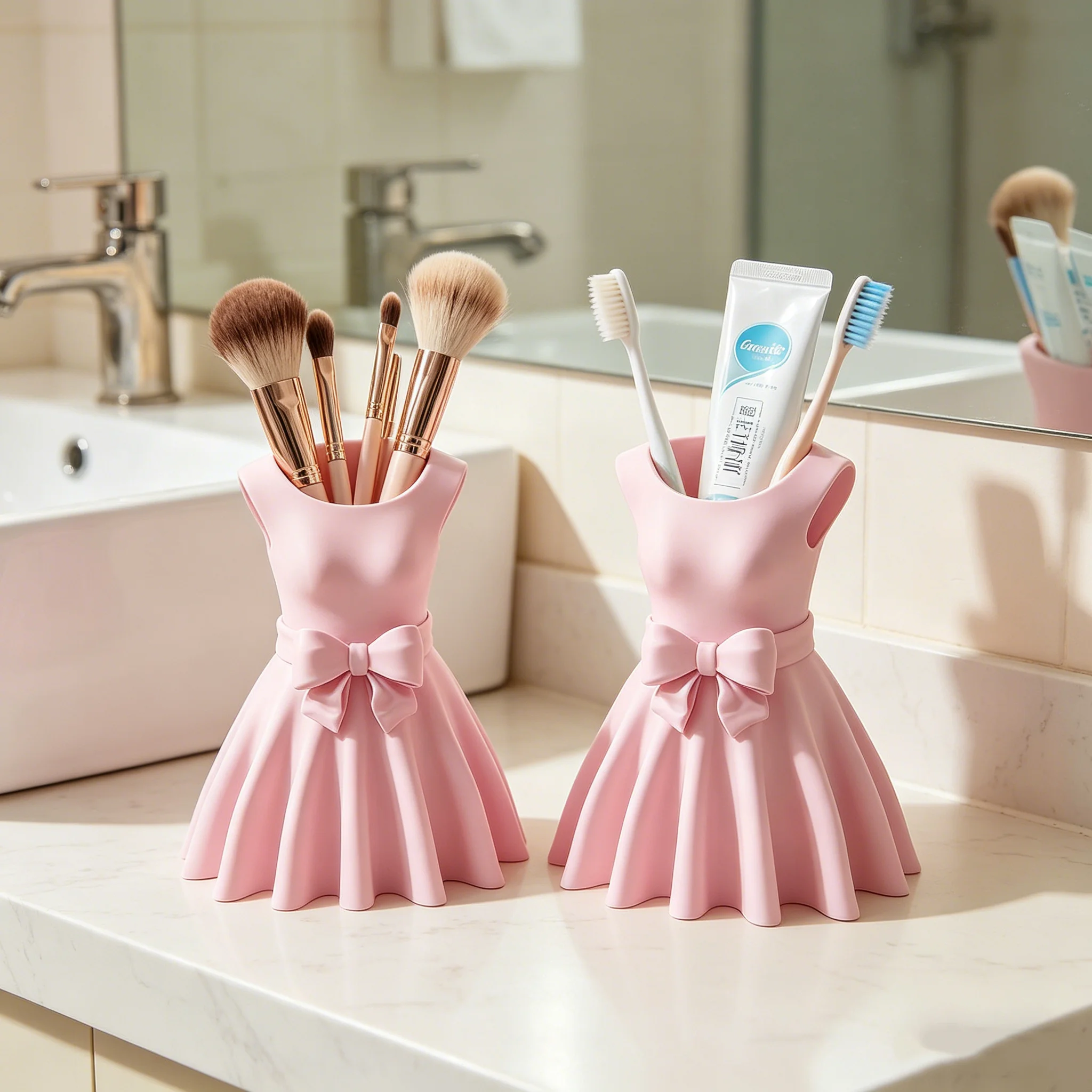 Pink Dress Shaped Pen Holder, Cute Bow Decor Makeup Brush Organizer, Aesthetic Desktop Storage for Bedroom Bathroom Home Decor