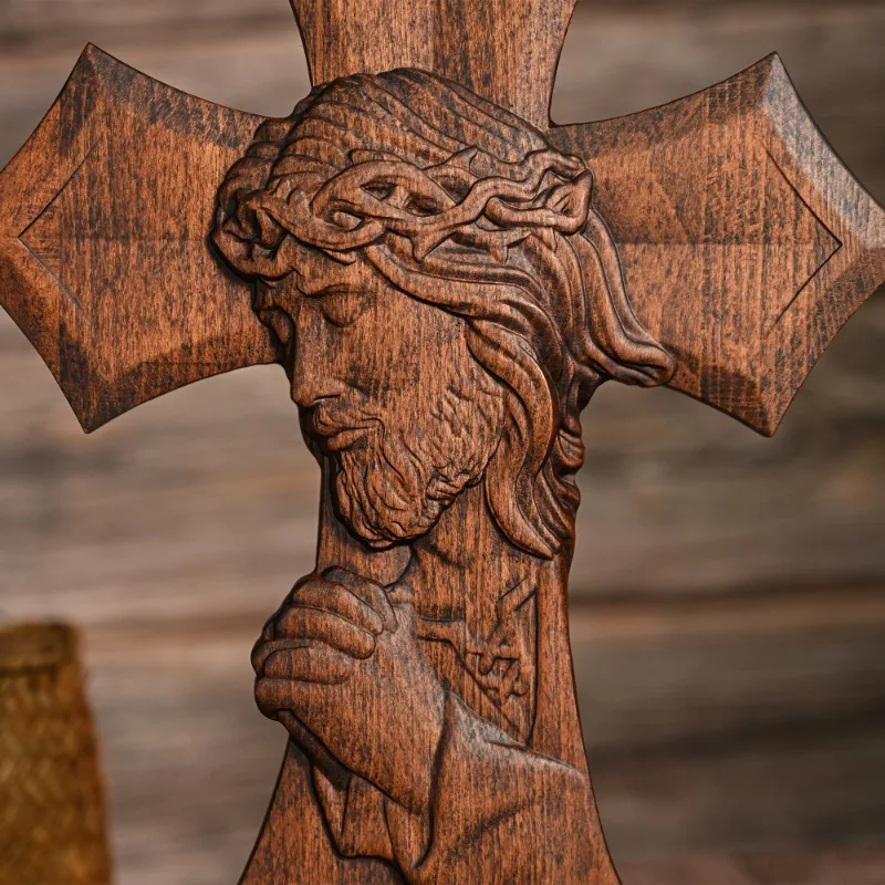 Religious Wooden Cross Hand-Carved Christian Jesus Praying Wall Wooden Sculpture for Home view 5