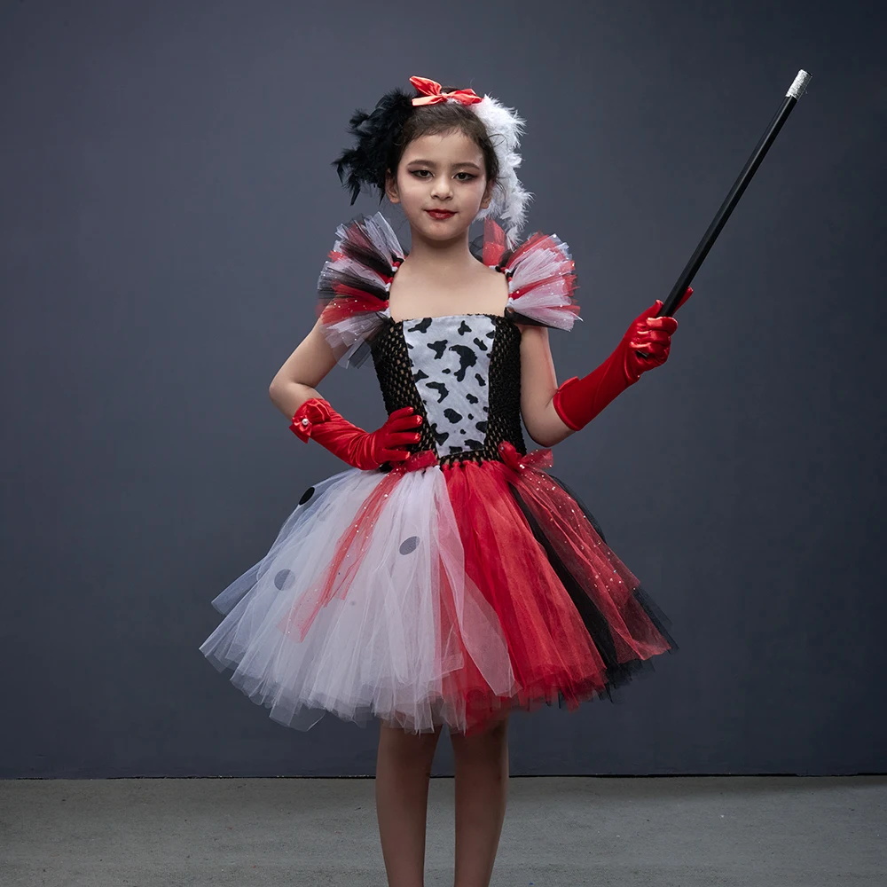 Girl Cruella Deville Tutu Dress for 101 Dalmatians Villain Halloween Costume Kids Vintage Polka Dots Cosplay Fancy Dresses