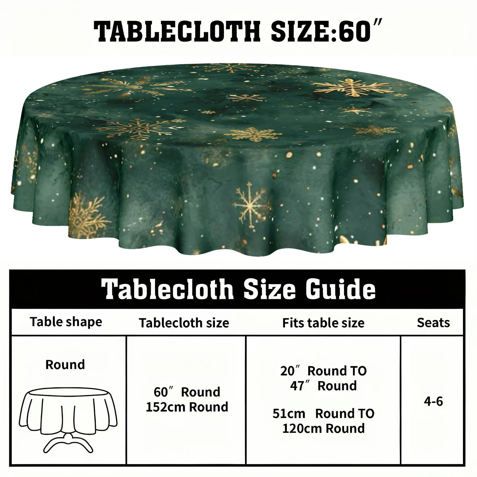 1PC dark green base color with golden snowflake and white embellished harmonious tablecloth pattern