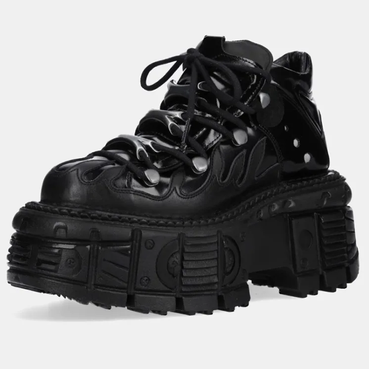 2025 Cowhide Rock Spanish Dark Muffin Punk Leather Men and Women with The Same Metal High-top Platform Dad Shoes