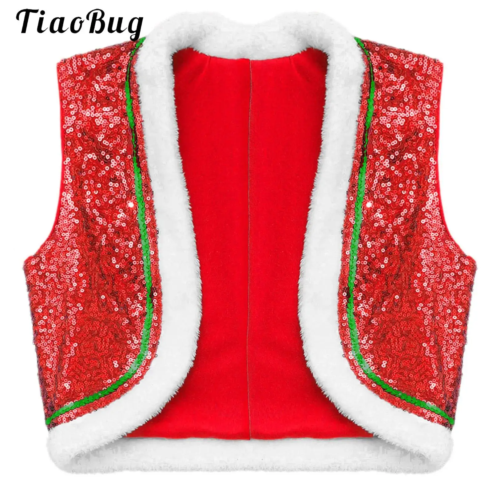 Unisex Boys Girls Sequined Christmas Dance Costume Halloween Performance Party Xmas Santa Elf Faux Fur Hem Vest Waistcoat Green
