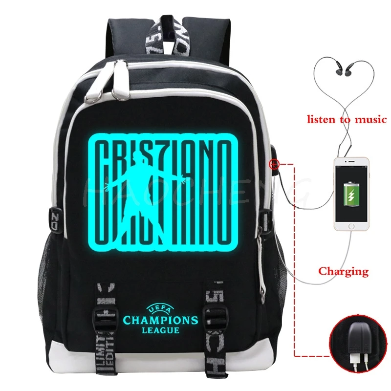 Football CR7 Luminous Print School Book Bags USB Large Capacity Teenagers Student Schoolbags Women Men Laptop Travel Backpack