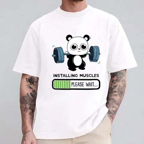 Funny Panda Gym Print T-Shirt Unisex Tees for Men Women O-neck Casual Short Sleeved Weightlifting Installing Muscles Basic Tops