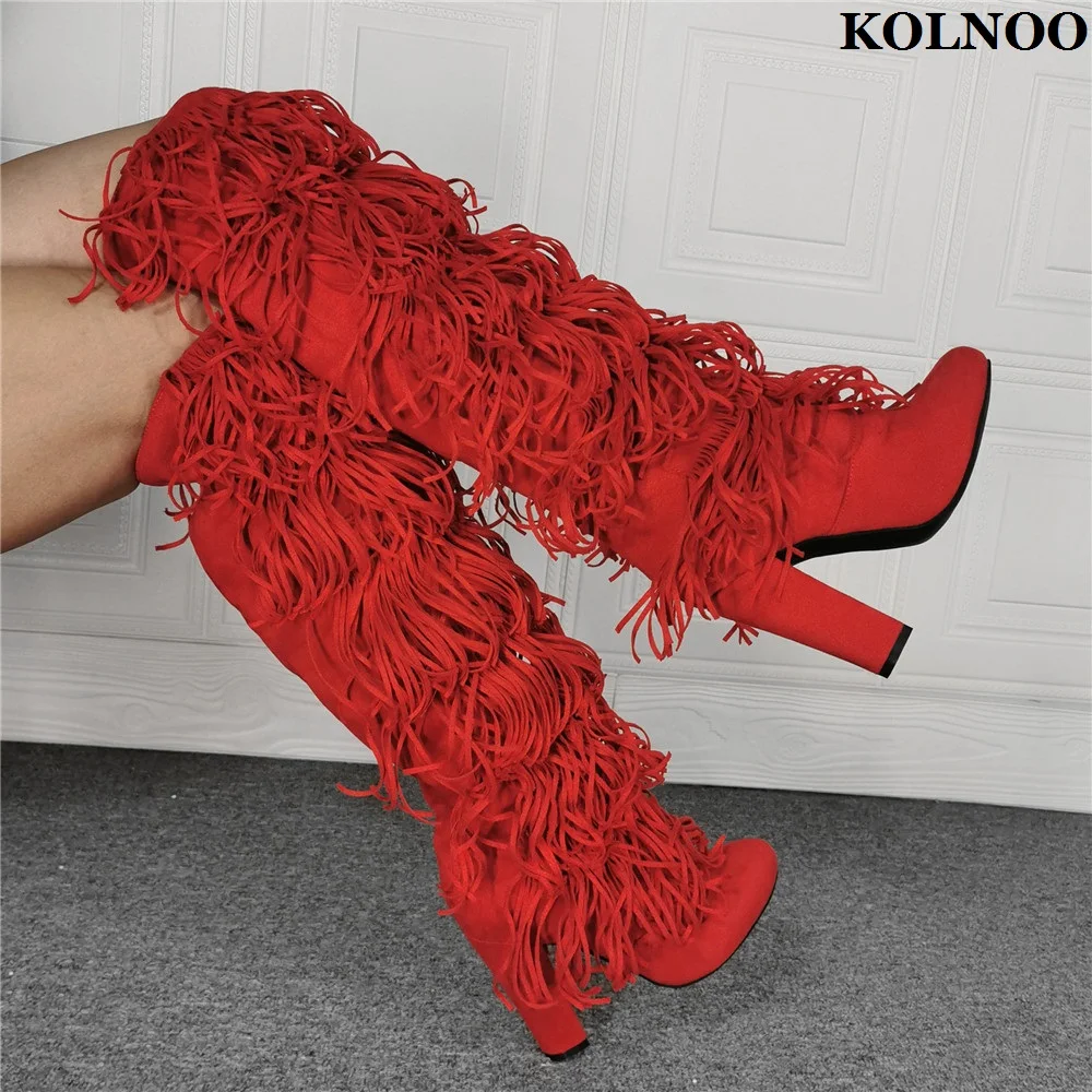 

Kolnoo Handmade New Style Ladies Chunky Heel Knee Boots Tassel&Fringed Red Faux Leather Party Half Booty Evening Fashion Shoes