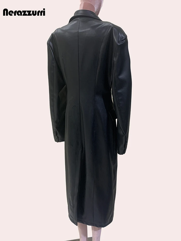 Nerazzurri-casaco longo de couro PU preto para mulheres, almofadas de ombro, seios duplos, roupas luxuosas elegantes, casaco duro, outono