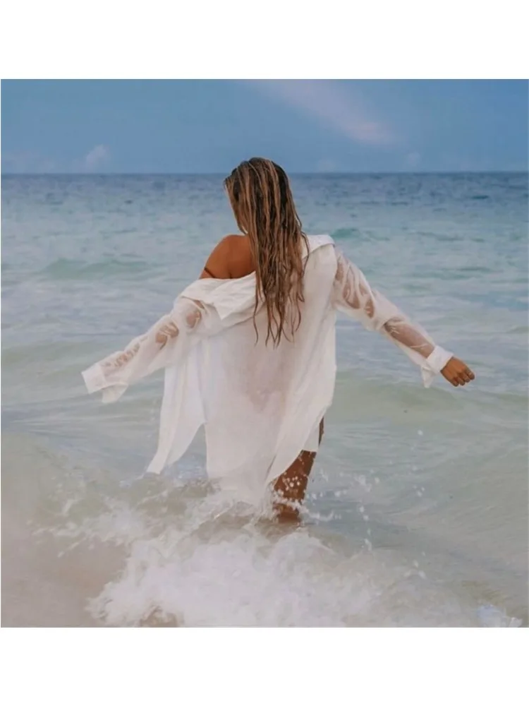 Women White Cotton Long Sleeve Shirt Blouse Top with Pocket Beach Cover Up Dress Casual Summer Beachwear