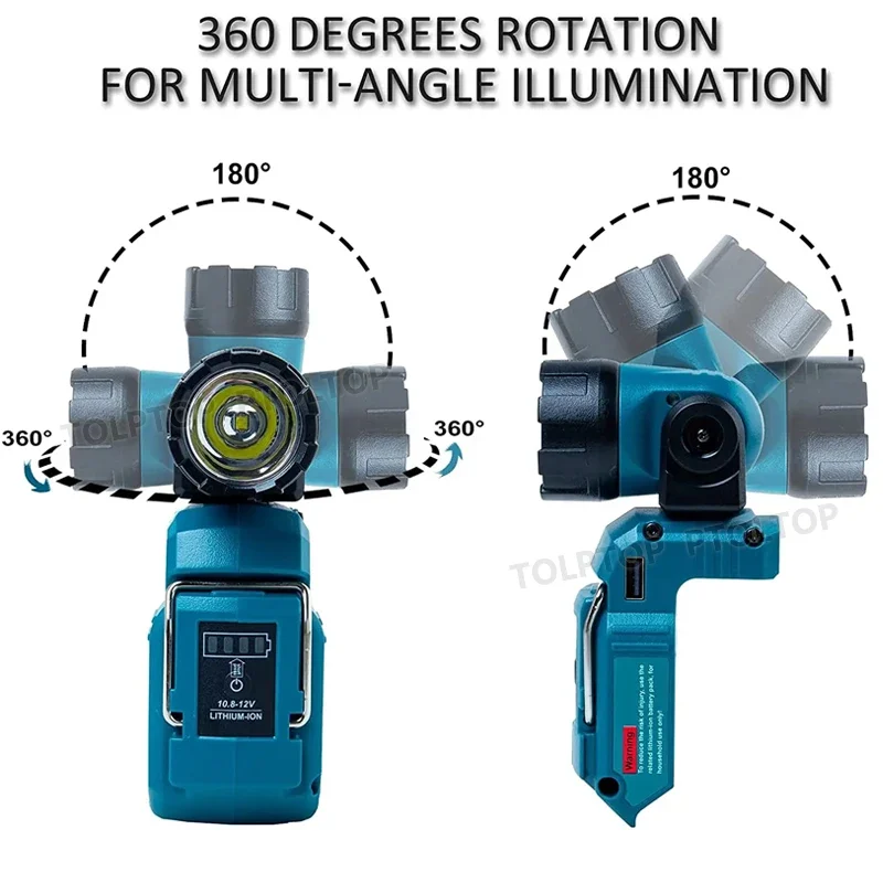 

New outdoor work light flashlight 280LM for Makita/DeWalt 10.8V 12V lithium-ion battery work light with USB and DC port charger