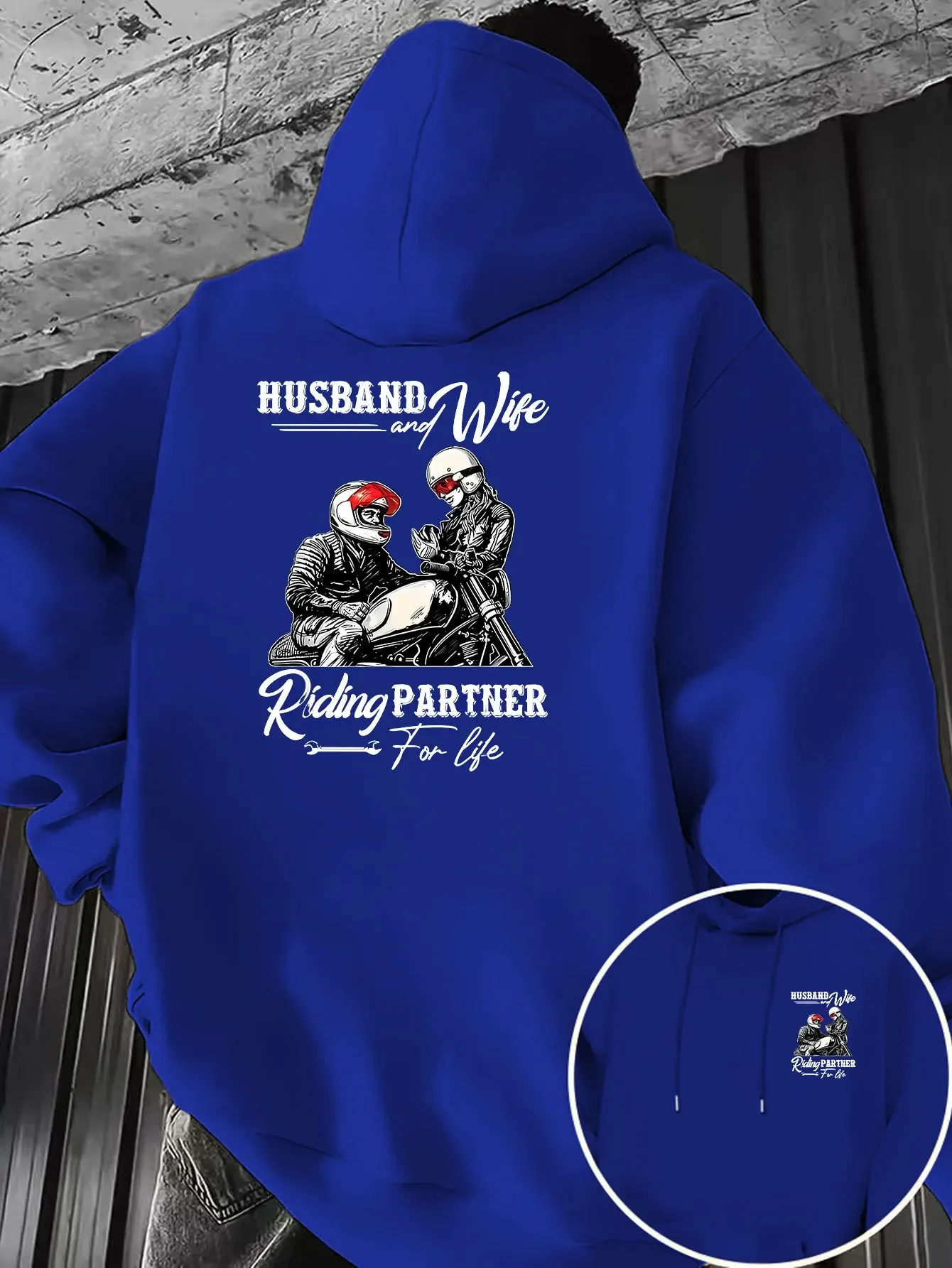 Unisex Trending Motorcycle Couple Biker Hoodie Husband Wife Riding Partner Front Back Print Autumn Winter Pullover