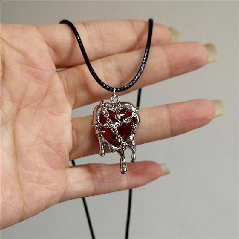 Gothic Red Black Lava Heart Pendant Rope Necklace For Women Men Grunge Halloween Rave Accessories Y2K 90s EMO Aesthetic Jewelry