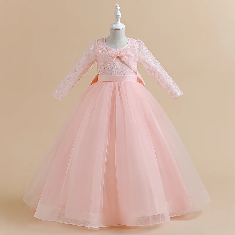 Long Sleeve White Bridesmaid Dress For Girls Children Costume Lace Princess Dresses Girl Dress Wedding Ball Gown 4-14 Years