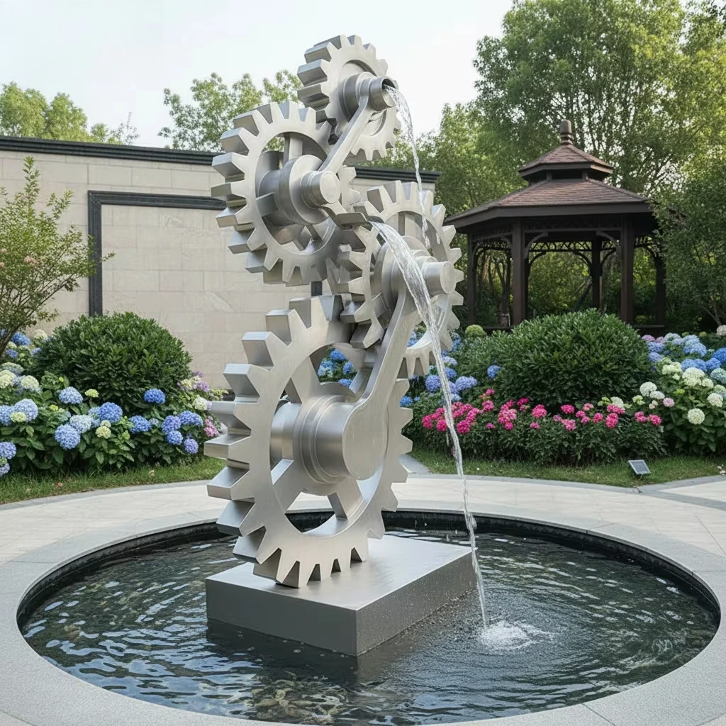 @#Modern Customizable Outdoor Fountain Decorative Mirror-Polished Abstract Gear Combination Stainless Steel Fountain Sculpture