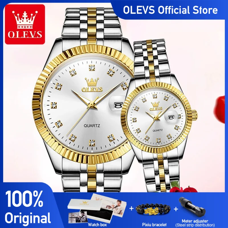 

OLEVS 5526 часы для пар, оригинальные модные кварцевые часы, водонепроницаемые светящиеся часы с датой для пары, комплект высокого качества Reloj