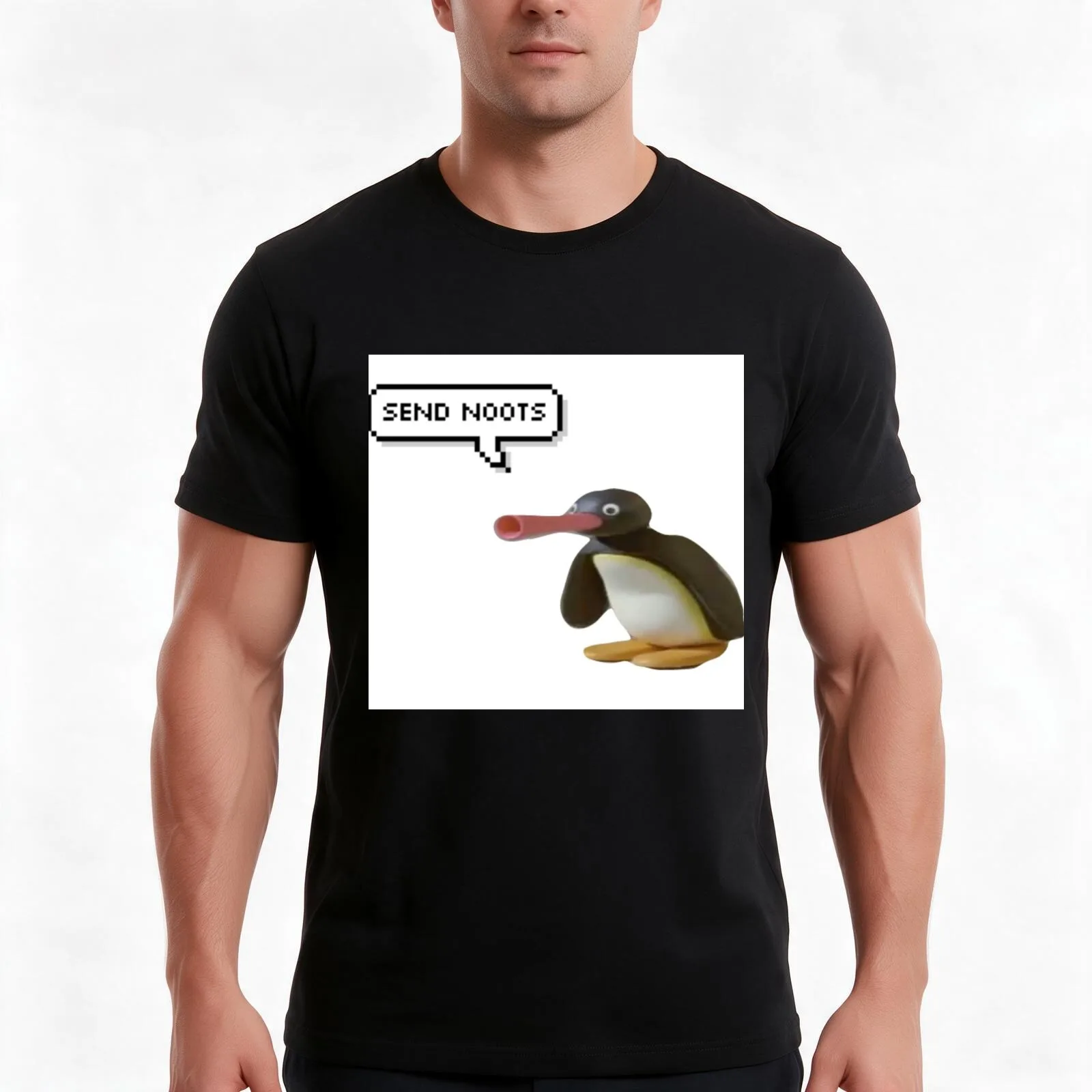 Pingu- Send Noots T-Shirt, Summer Casual Cotton Tee, Oversized Streetwear Tops, Vintage Graphic Print, Loose Fit Short Sleeve