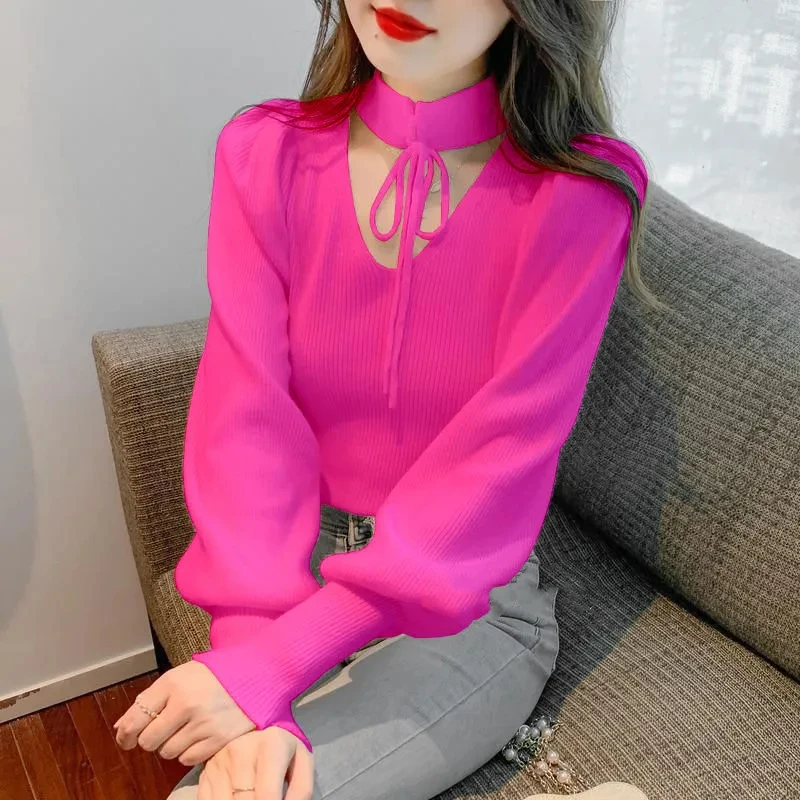 Fashion Multicolor Bishop Sleeve Women Spring 2024 New Hollow Knitting Western Style Long Sleeves Lacing V-neck Bottoming Shirt