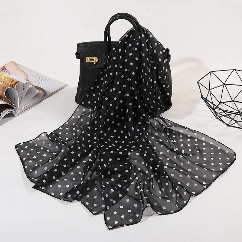 Koreański Polka Dots szyfonowa przezroczysta oddychająca krem przeciwsłoneczny szal 160x50cm kobieta lato cienka, długa plaża ręcznik słońce jedwabny szal R43