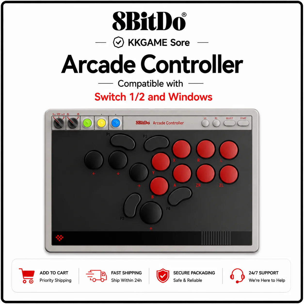 8BitDo All-Button Arcade Game Controller for Switch/Switch 2 Windows, Low-profile Mechanical Switches, Hot-swappable PCB