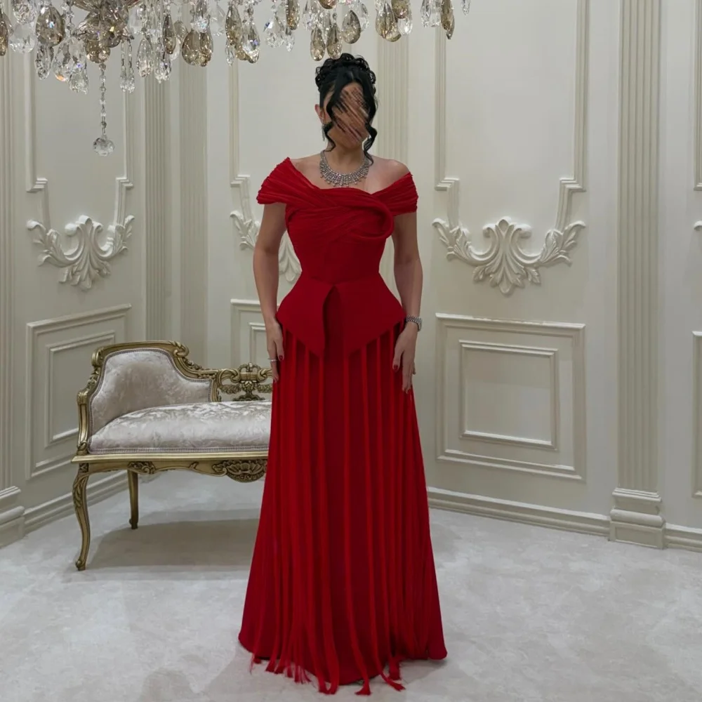 

Customized Red Chinese Style Intricate Jersey Pleat Ruched Tassel A-line Off-the-shoulder Floor-Length Evening Dresses Fashion