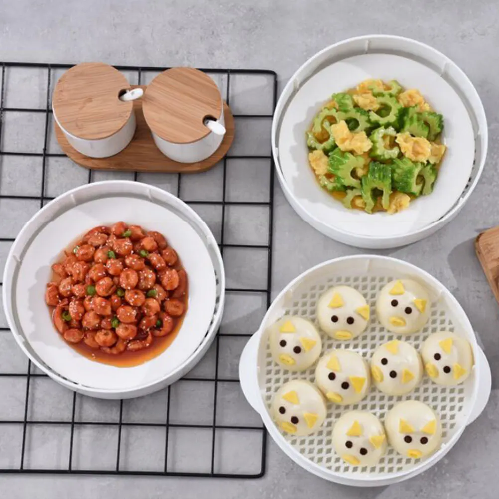 

1 set 1 Set Plate Double Layer Microwave Oven High Temperature Resistant Food Container For Buns Fish Easy Clean Lightweight Pp