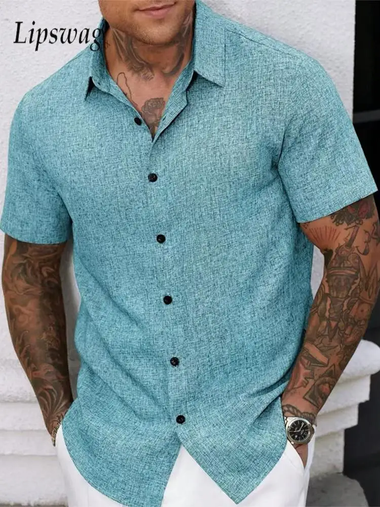 Fashion Loose Breathable Mens Shirts Summer Short Sleeve Buttoned Turn-down Collar Casual Shirt Men Vintage Solid Color Cardigan