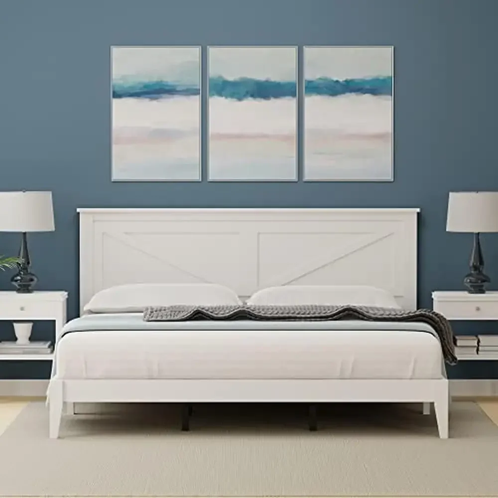 Solid Wood Farmhouse Platform Bed King White Gloss Platform No Box-Spring Needed Flexible 84.4