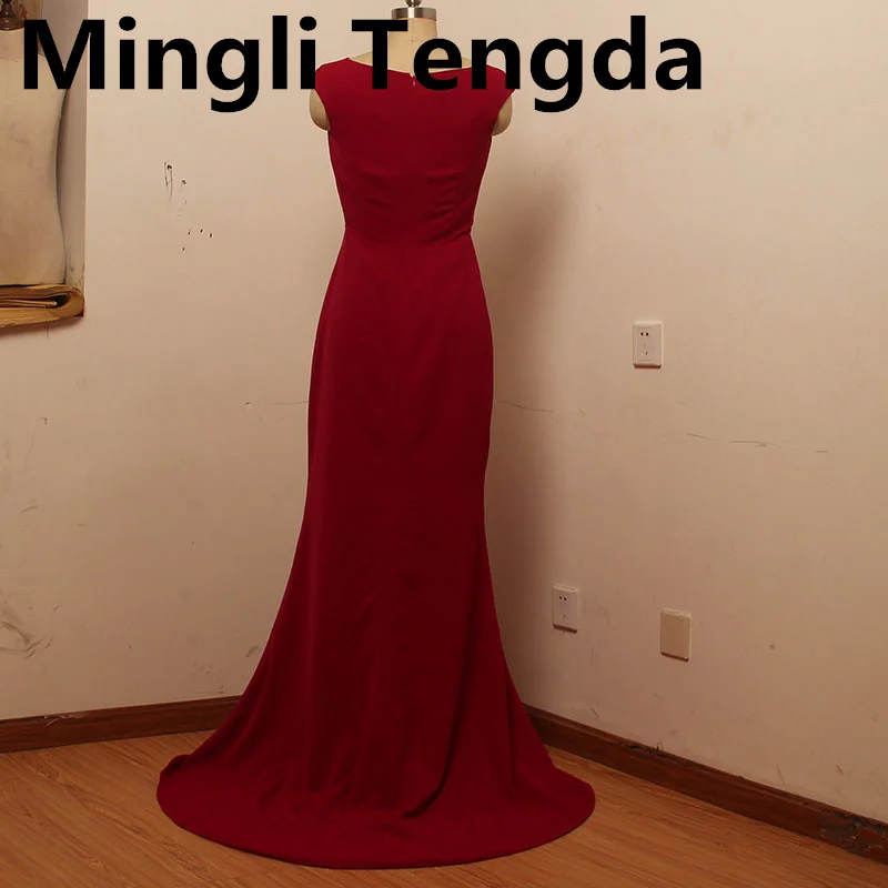 Mingli Tengda dunkelrot elegante Dame Abendkleider Rundhals ausschnitt Split sexy Abendkleid Court Zug ärmellose Party kleider