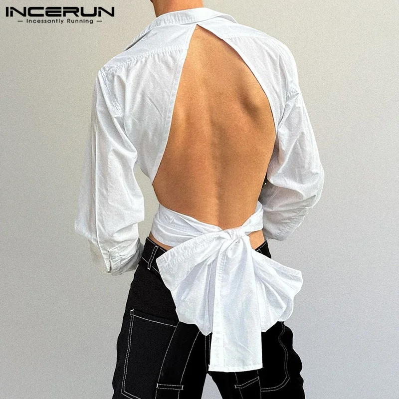 INCERUN Men Fashionable Shirts Turn Down Collar Long Sleeve Button Down Backless Tops Back Hollow Out Lace Up Bow Knot Blouse