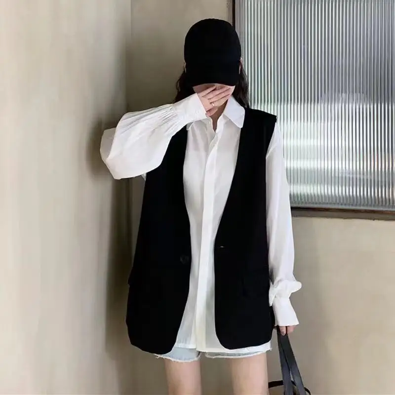 Shirt +Vest Set Big Size Women Clothing Loose Long Sleeve Shirts Lady Autumn Spring Oversize Female Blouses Tops Girls Clothes