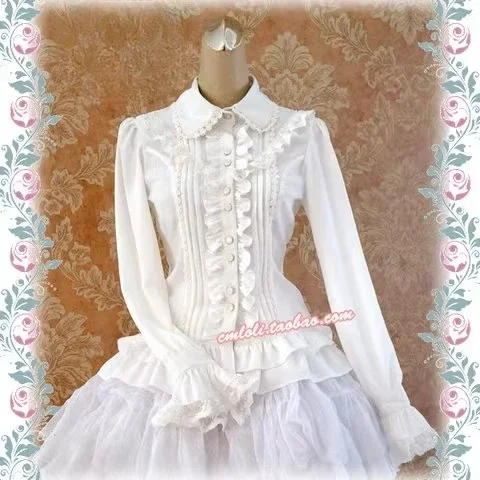 New Spring Women's Ruffles Lace Splicing Long Sleeve Shirt Tops Elegant Solid Color Ladies Lace-Up Slim Lolita Retro Blouses