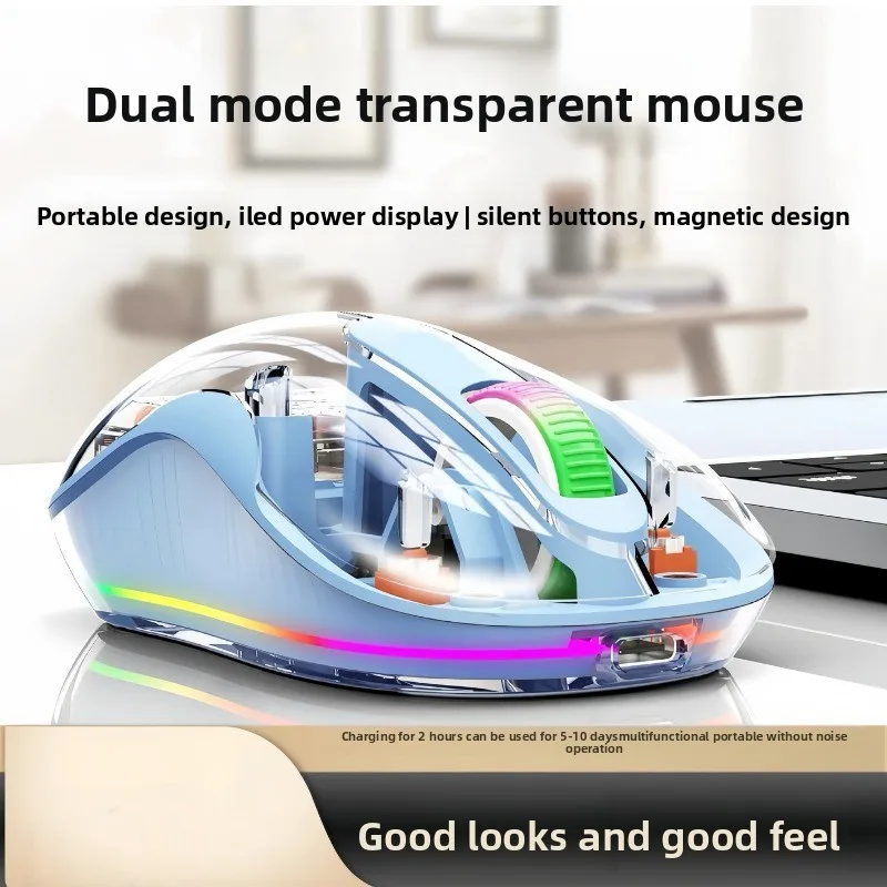 High value wireless bluetooth mouse C port charging transparent design breathing light suitable for notebook desktop