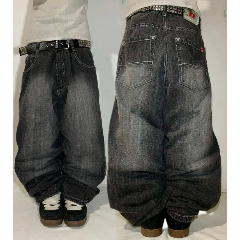 Fashion Gothic New Black Solid Color Washed Old Casual Jeans Men Y2K Street Cloth Vintage Popular High Waist Loose Wide Leg Pant
