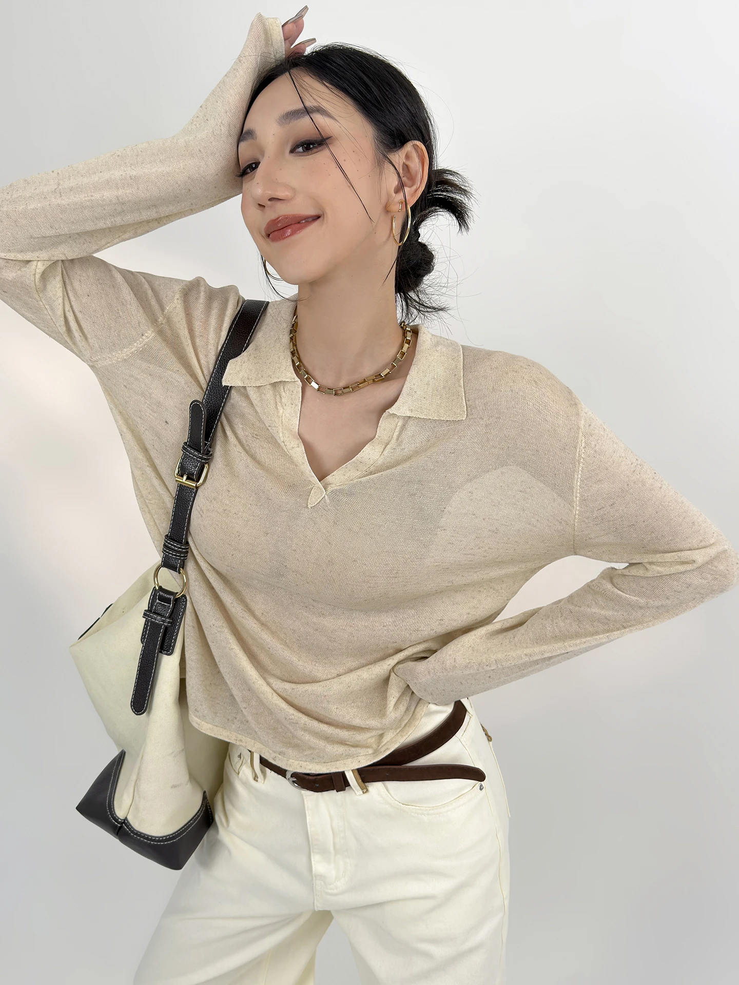 Double Z Minimalist Linen V-Neck Knitted Long Sleeve Women's Top Lightweight Breathable Loose Style Casual Fashion Summer